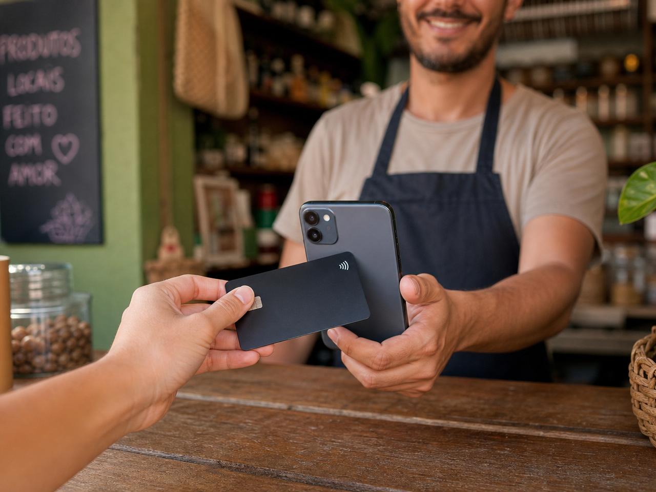 Cliente pagando com cartão por aproximação no celular do lojista