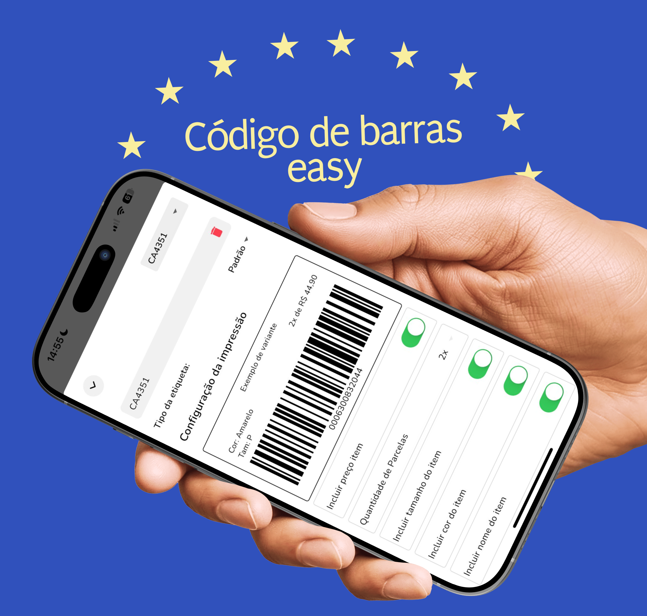 Etiqueta com código de barras gerada no app Lysa com cor, tamanho, preço e parcelas