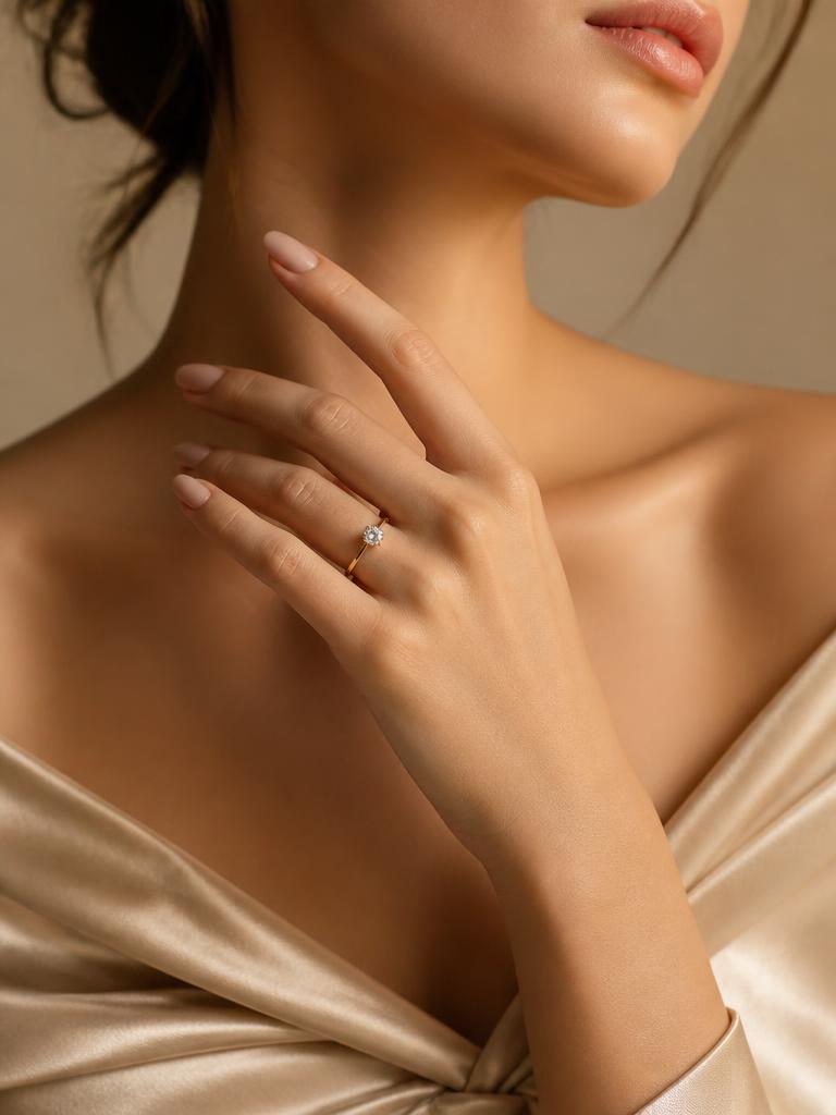 Anel de ouro na mão de uma modelo em foto de campanha elegante